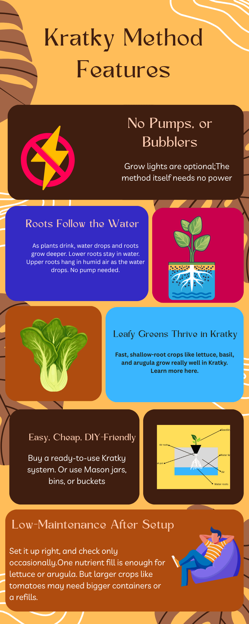 kratky method infographic showing 5 key features of this soilless plant growing system